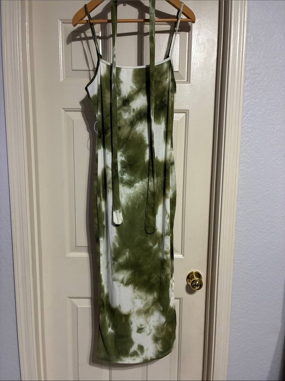SHEIN Olive Green & White Tie-Dye Ribbed Slip Midi Dress